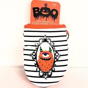 BOO Halloween 2 Silicone Grip Mini Oven Heat Mitts White/Orange/Black w/ Monster
